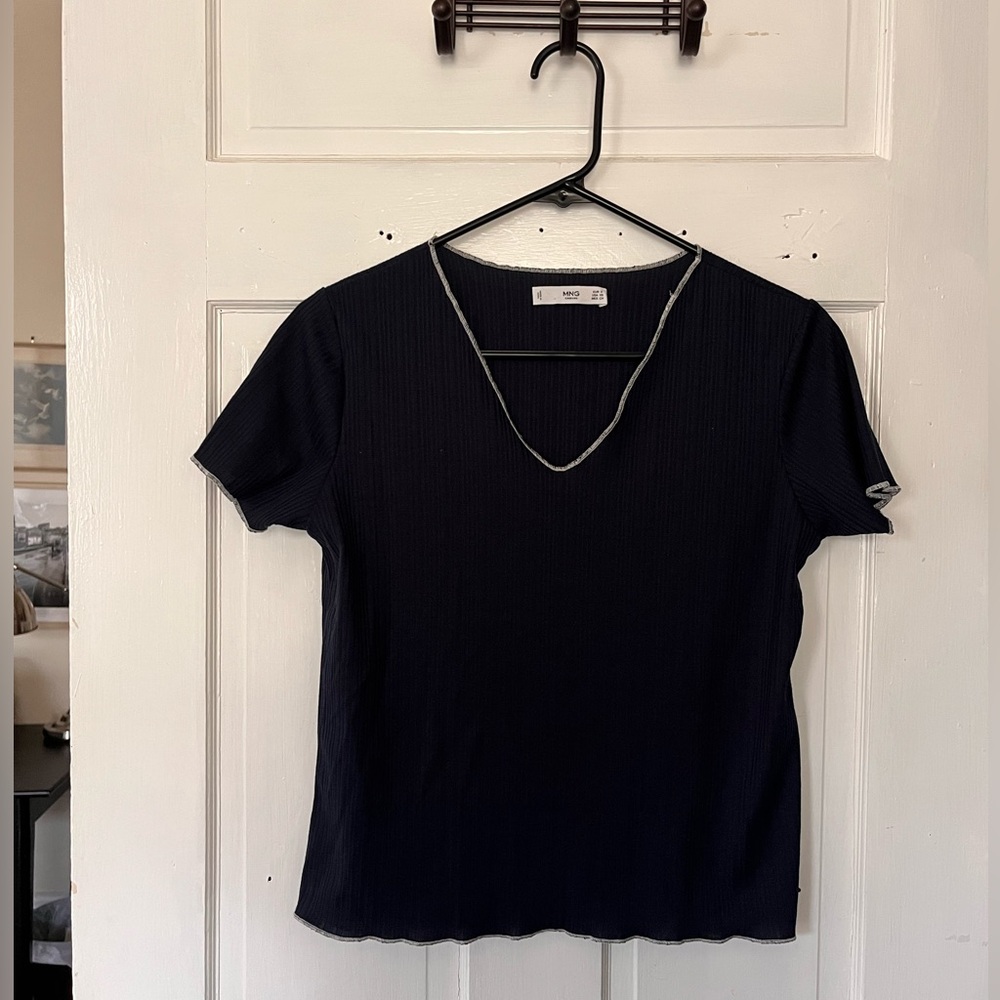 Mango blue tee with white details along sleeves, S
